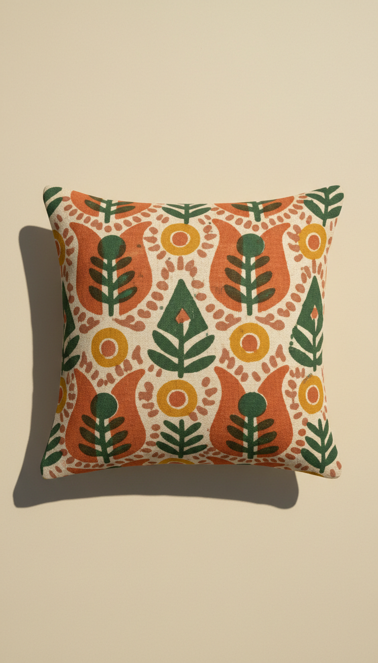 Hand block-printed cushion cover, Default angle is straight-on or 3/4 overhead for flat textiles (e.g., bed sheet sets...