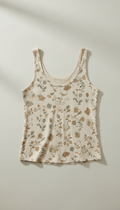 Women's organic cotton botanical print tank top, perfectly centered horizontally and vertically with equal negative space...