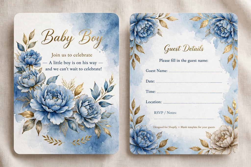 Elegant baby boy shower invitation with blue peonies and gold accents