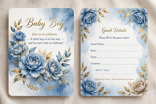 Elegant baby boy shower invitation with blue peonies and gold accents