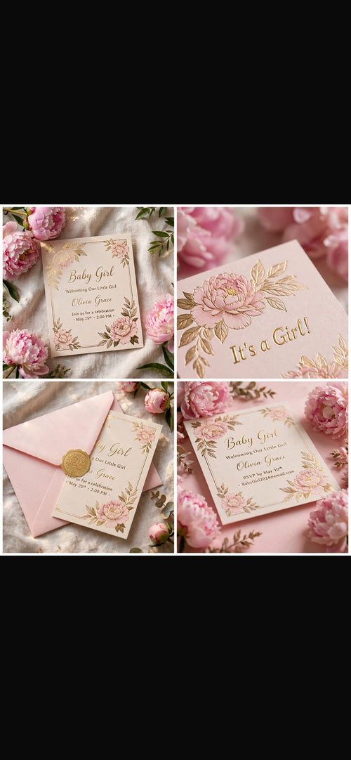 Elegant baby girl birth announcement cards with gold foil peonies