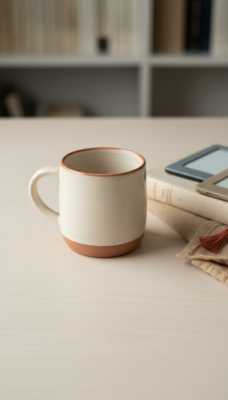 Artisan ceramic mug in Ivory Page, Three-quarter angle on e-reader devices displayed atop layered books or textiles;...