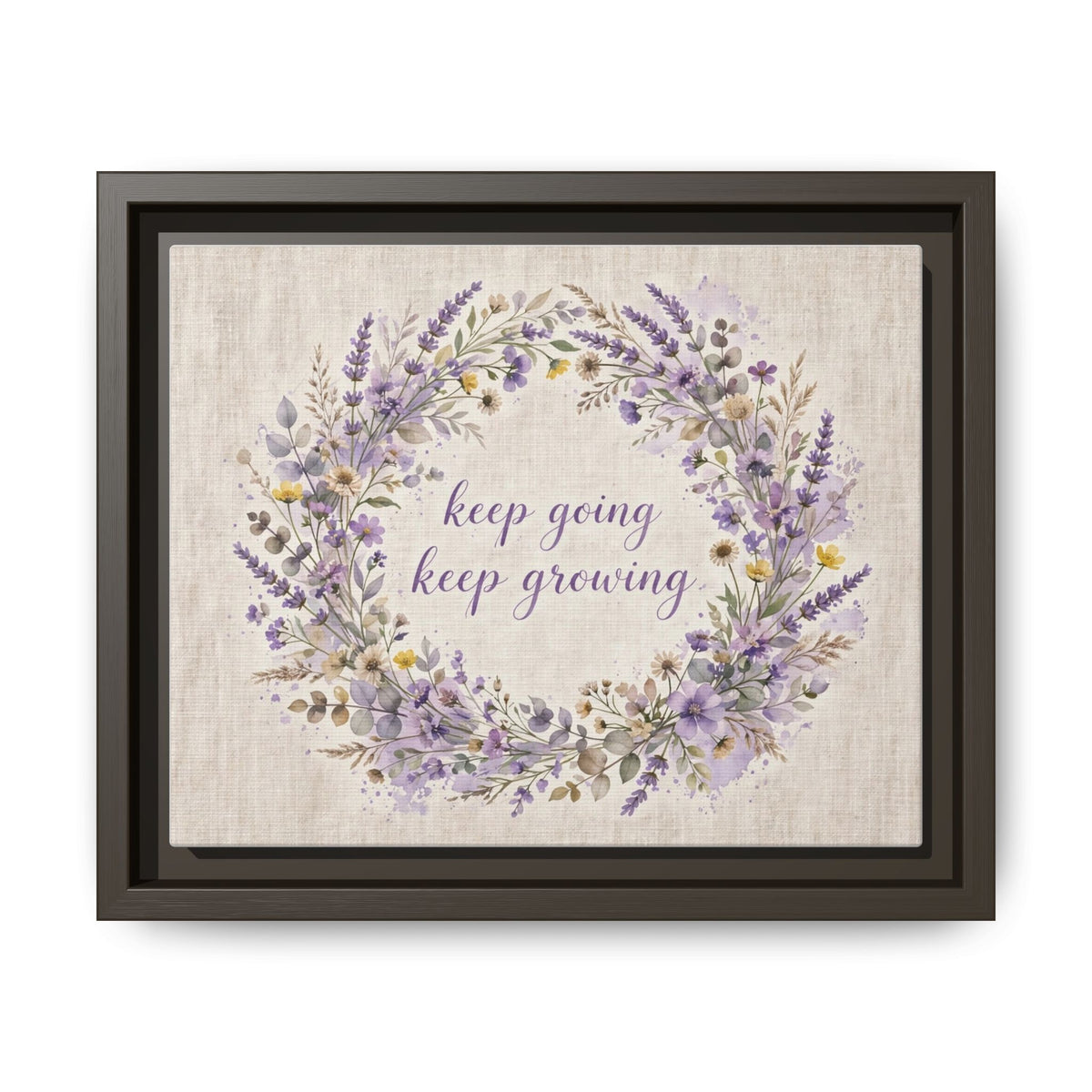 Framed Lavender Wreath Canvas — "Keep Going Keep Growing" Inspirational Wall Art