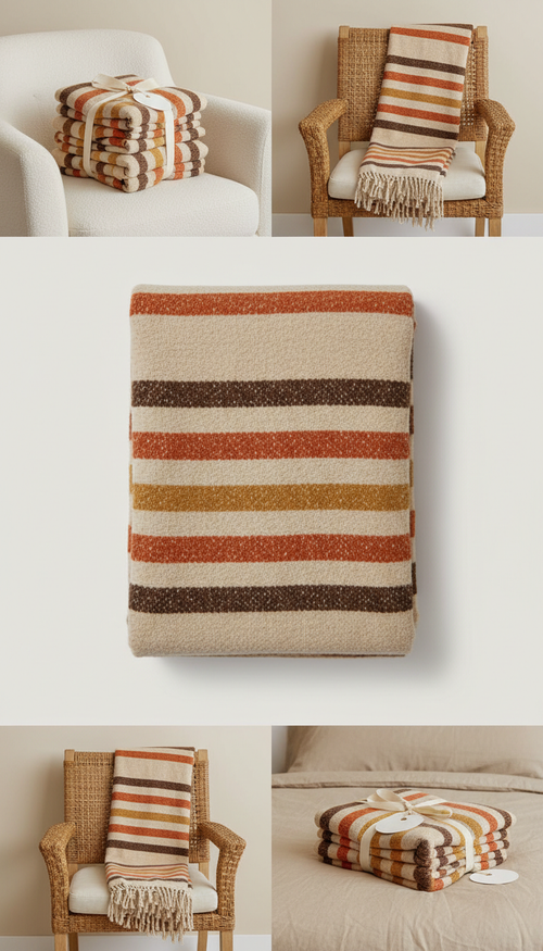 Burnt Maple Classic Stripe Blanket, 3/4 angle shots of folded and draped blankets on armchairs or at the foot of a bed;...