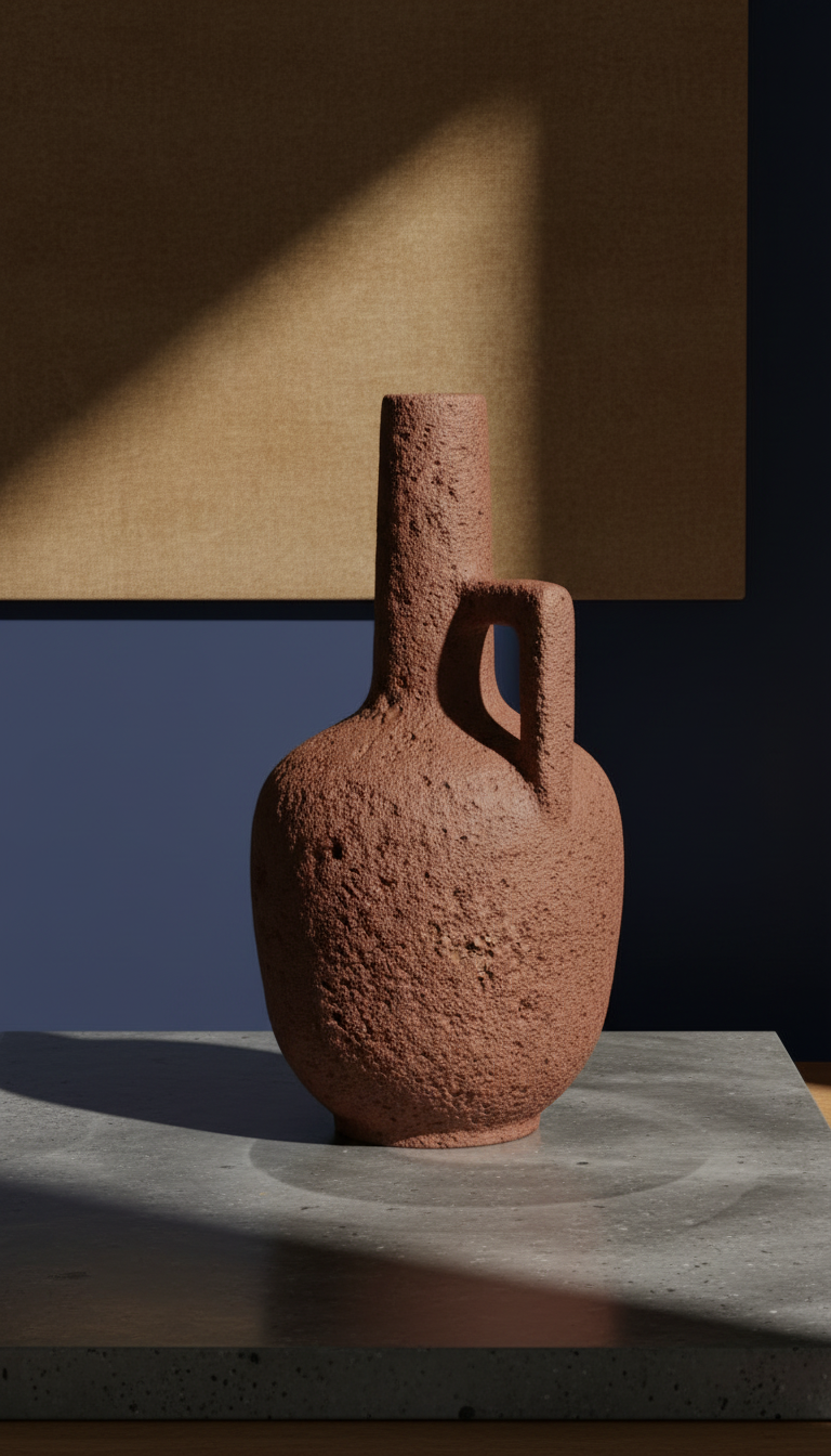 Hand-carved red stoneware carafe in a new setting