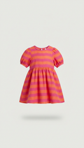Showcasing hot pink and tangerine stripes. The dress is designed with breathable fabric, perfect for movement and play....