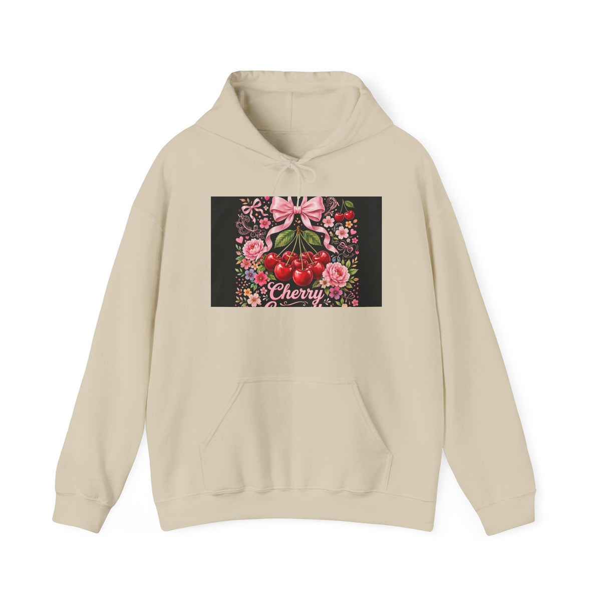 Cherry Floral Hoodie — Retro Cherry Bunch Graphic with Pink Bow