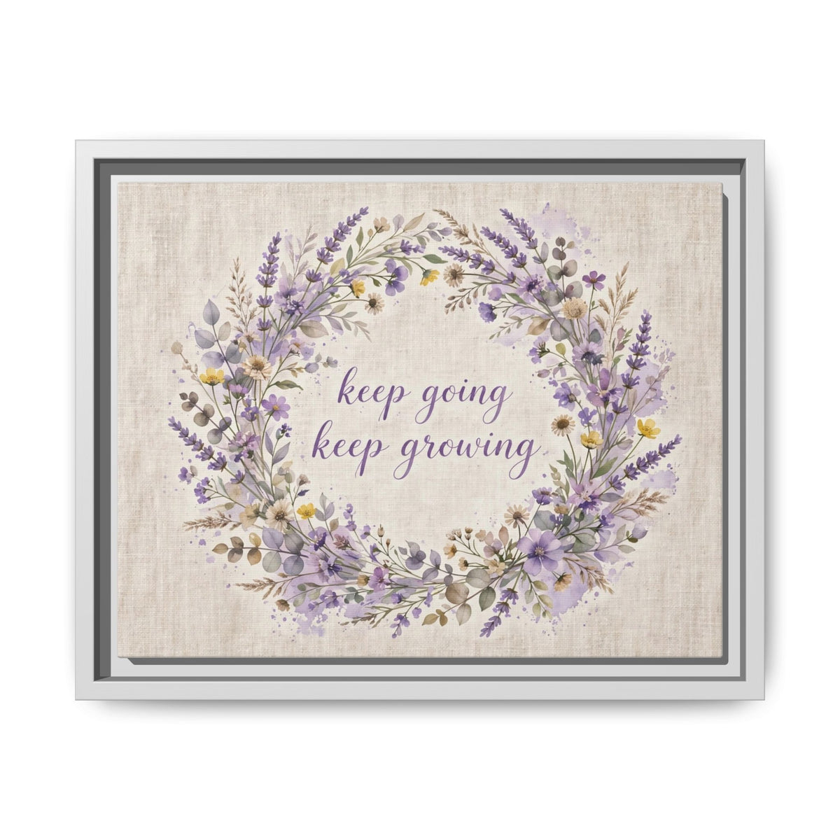 Framed Lavender Wreath Canvas — "Keep Going Keep Growing" Inspirational Wall Art