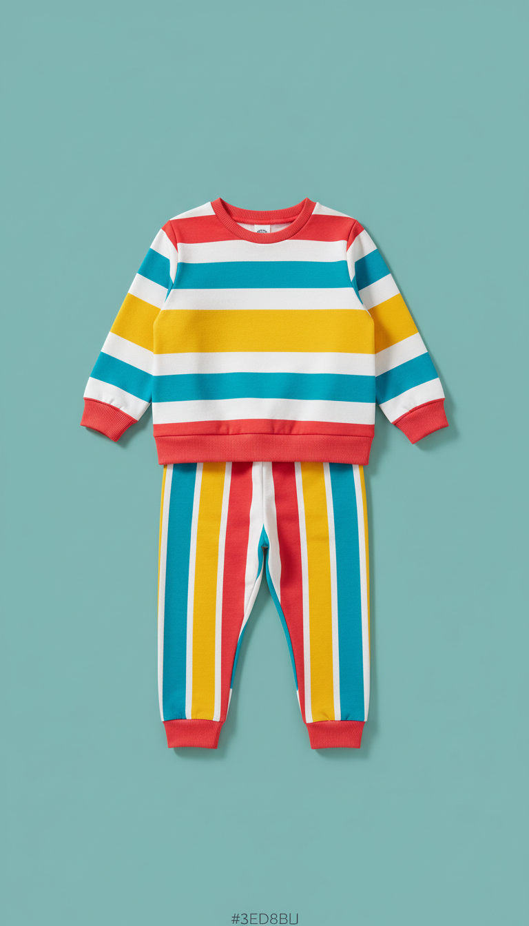 Bold striped sweatshirt and joggers set, Three-quarter angle with garments styled on child-sized mannequins or flat lay on...