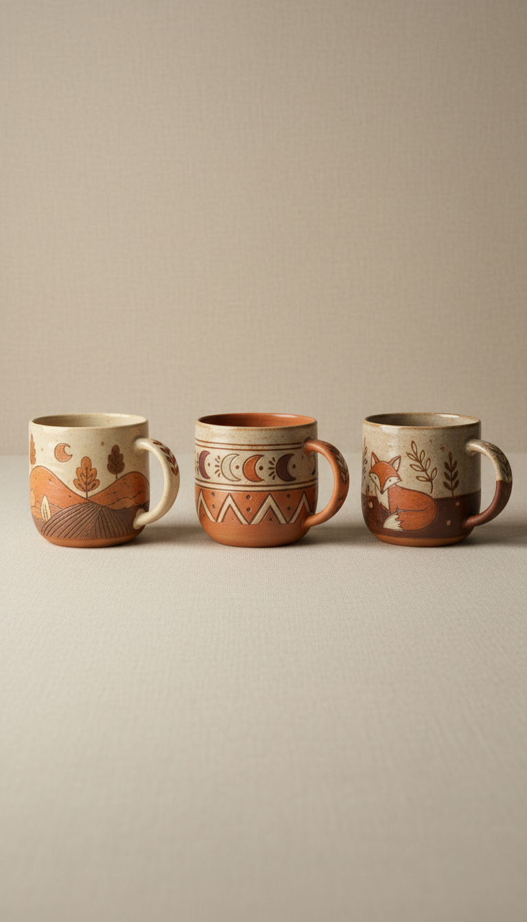Earthy Clay ceramic mug, Use a 3/4 angle to capture the full design of each mug, highlighting their unique illustrations....