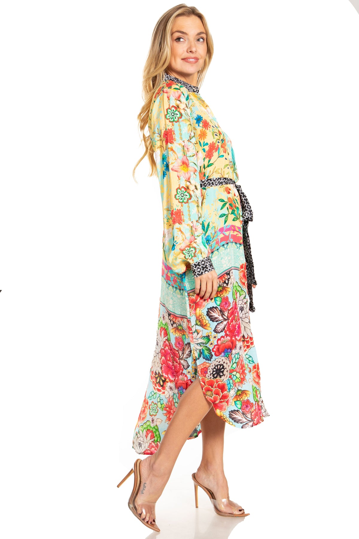 Sakkas Rina Women's Floral Print Maxi Dress with Long Sleeves and Flounce Shirt Design