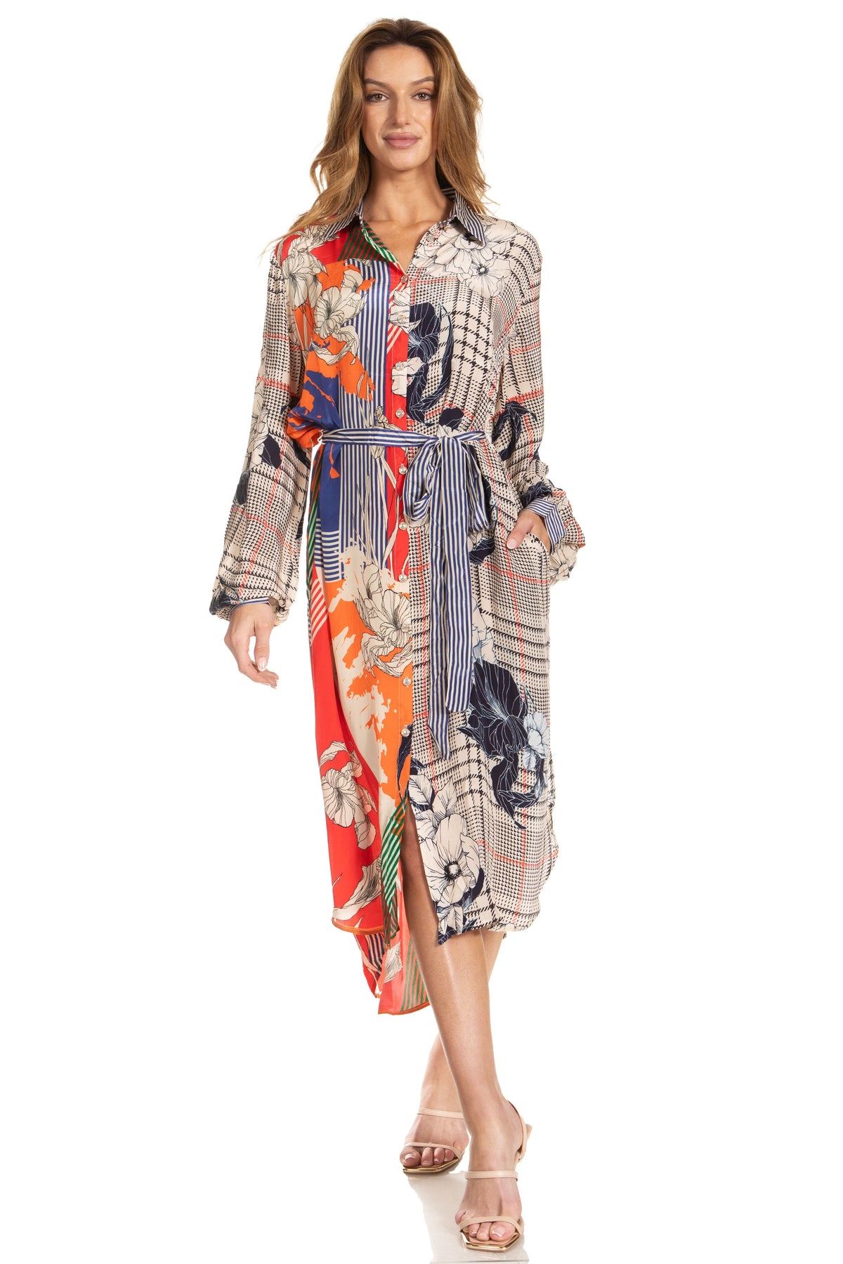 Sakkas Rina Women's Floral Print Maxi Dress with Long Sleeves and Flounce Shirt Design
