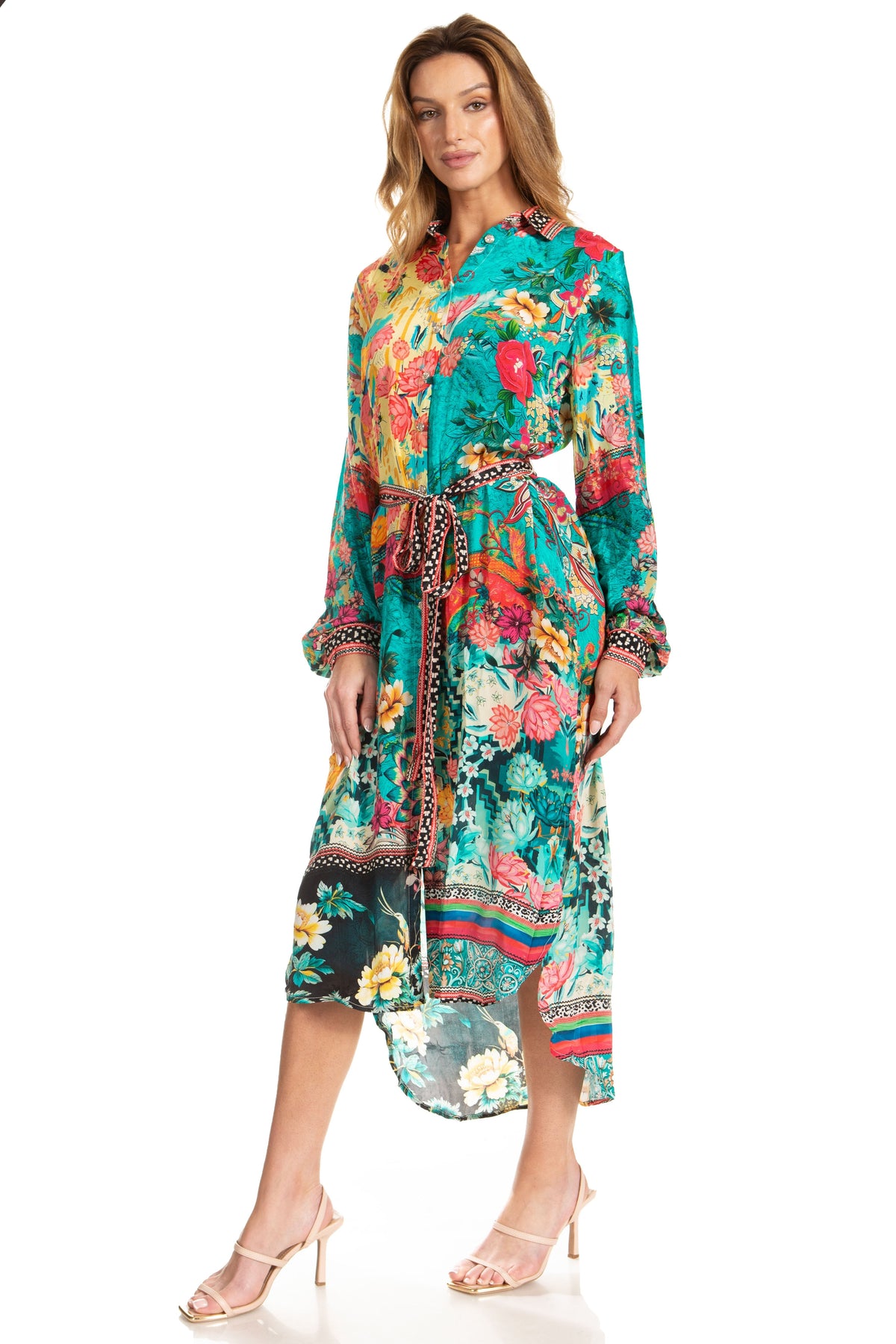 Sakkas Rina Women's Floral Print Maxi Dress with Long Sleeves and Flounce Shirt Design