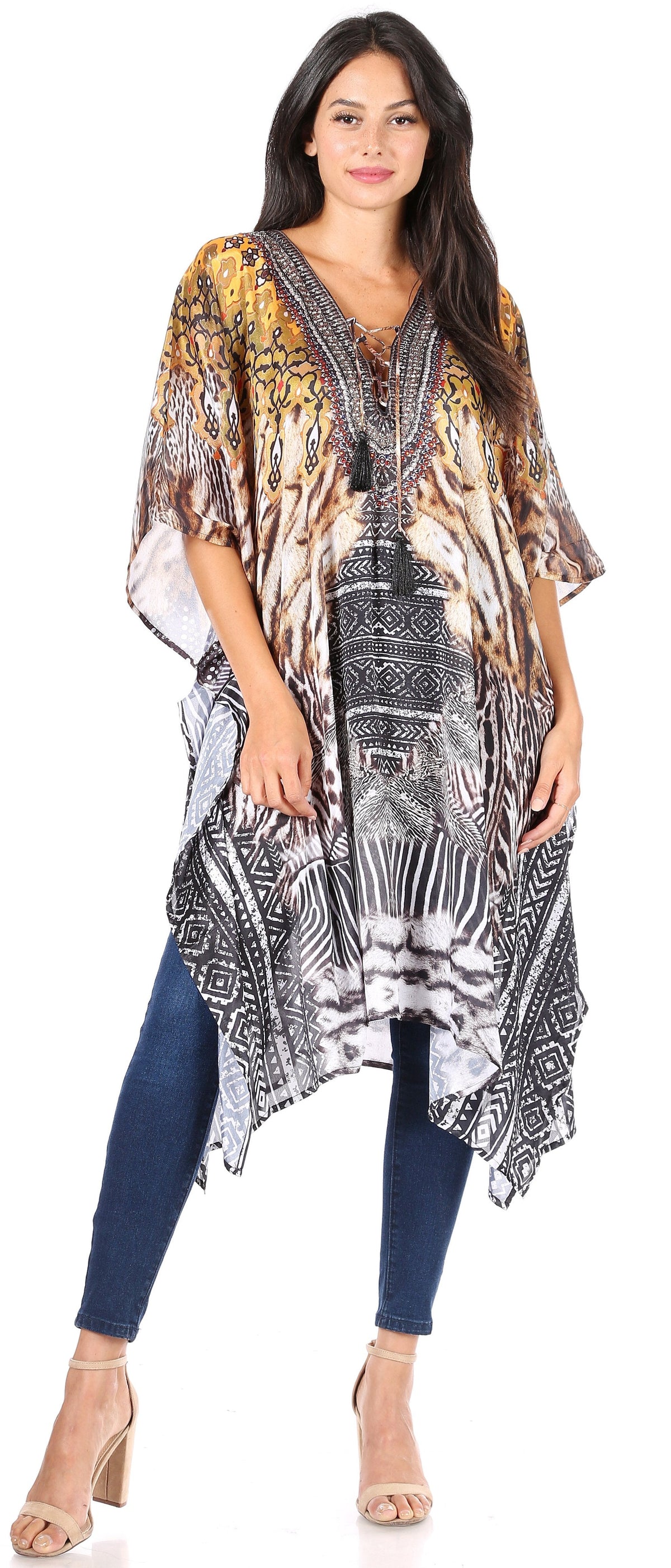 Sakkas Zeni Women's Short sleeve V-neck Summer Floral Print Caftan Dress Cover-up