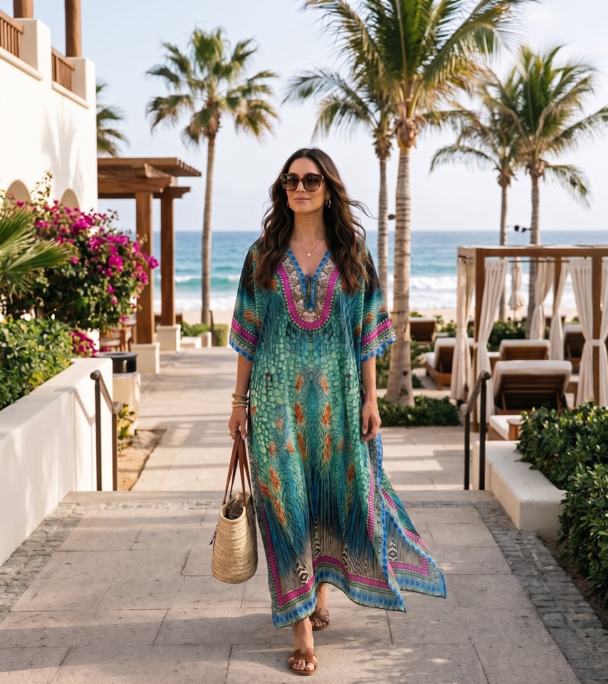 Sakkas Georgettina Flowy Rhinestone V Neck Long Caftan Dress/Cover Up