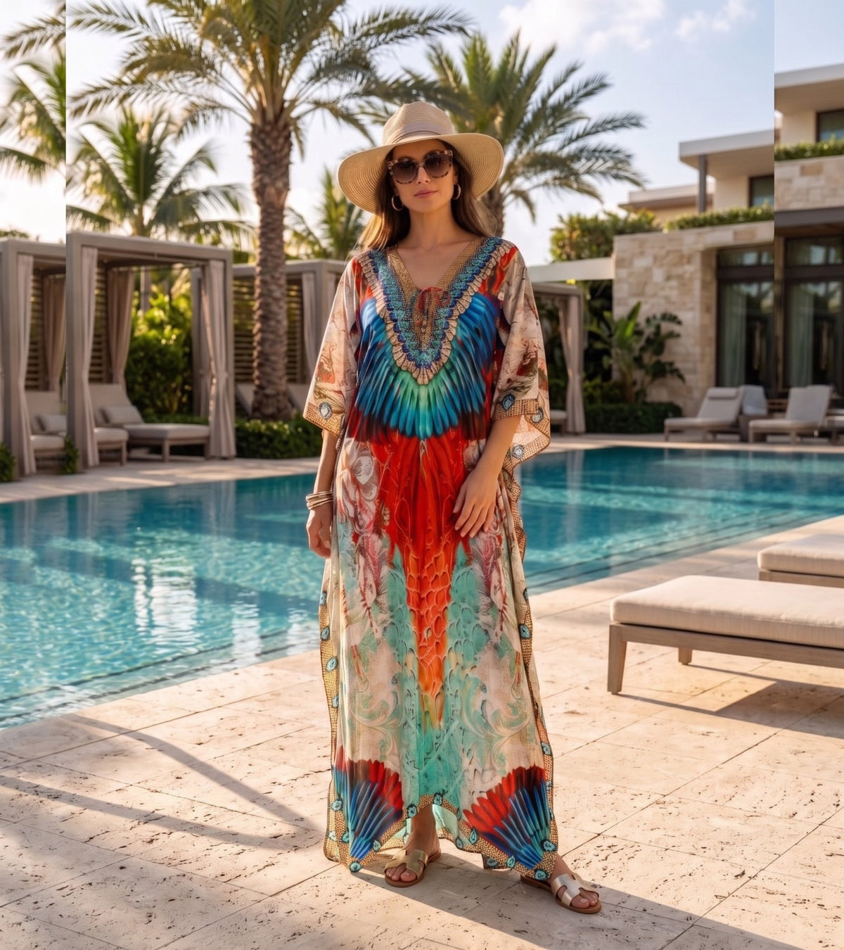Sakkas Georgettina Flowy Rhinestone V Neck Long Caftan Dress/Cover Up