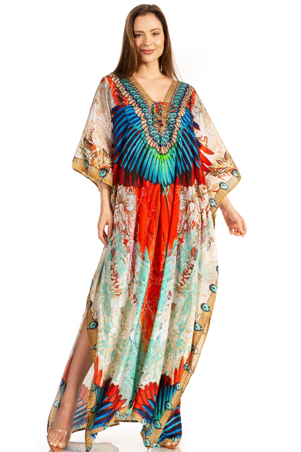 Sakkas Georgettina Flowy Rhinestone V Neck Long Caftan Dress/Cover Up