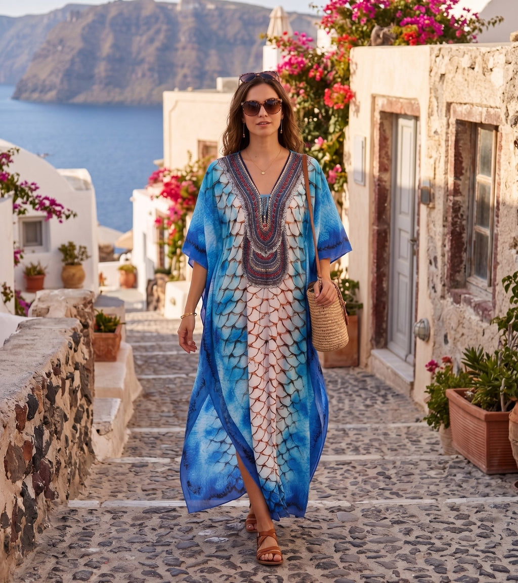Sakkas Georgettina Flowy Rhinestone V Neck Long Caftan Dress/Cover Up
