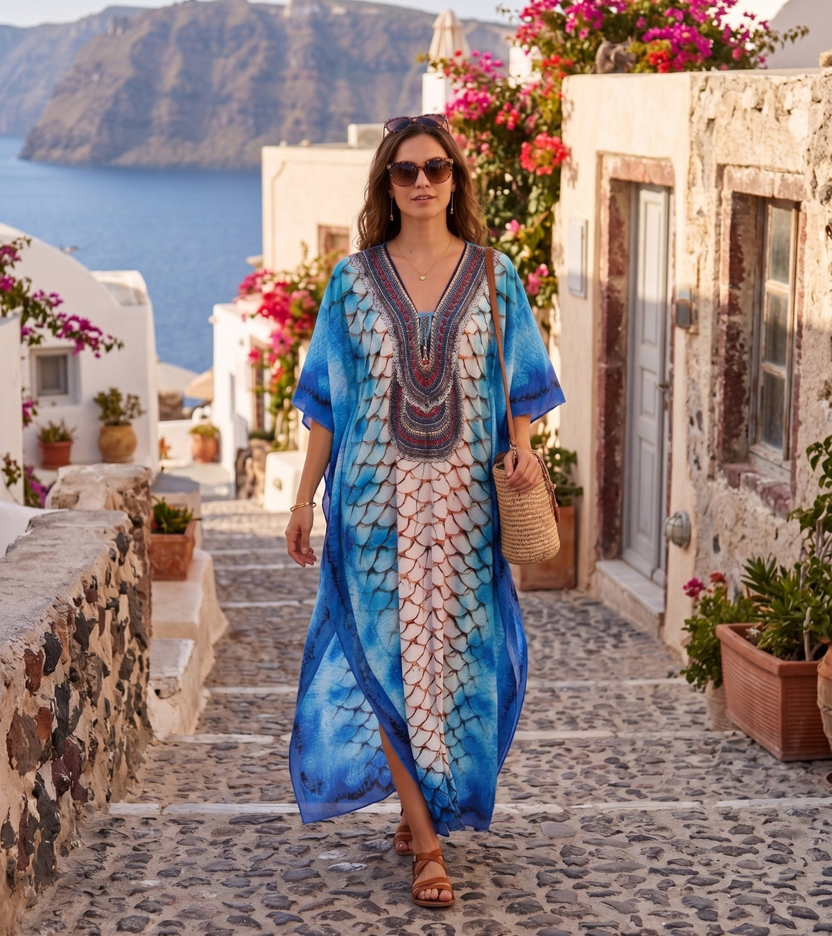 Sakkas Georgettina Flowy Rhinestone V Neck Long Caftan Dress/Cover Up