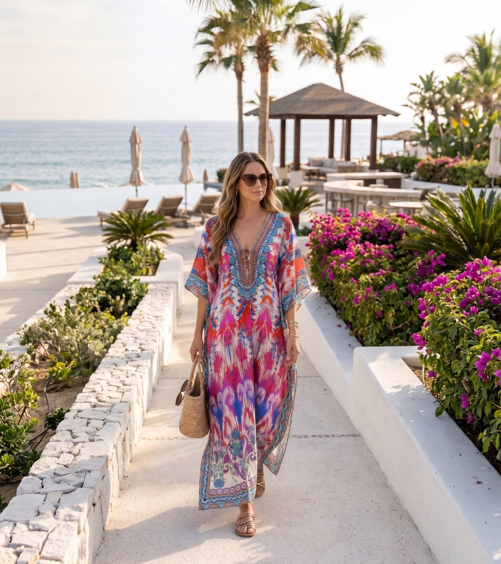 Sakkas Georgettina Flowy Rhinestone V Neck Long Caftan Dress/Cover Up
