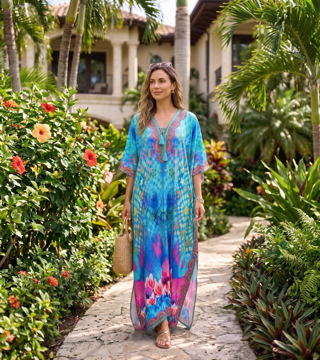 Sakkas Georgettina Flowy Rhinestone V Neck Long Caftan Dress/Cover Up