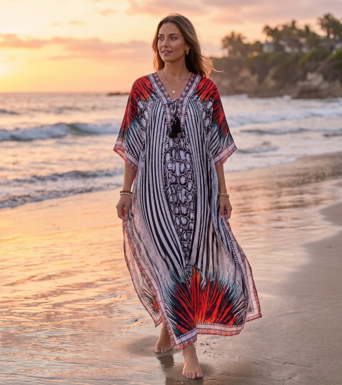 Sakkas Georgettina Flowy Rhinestone V Neck Long Caftan Dress/Cover Up