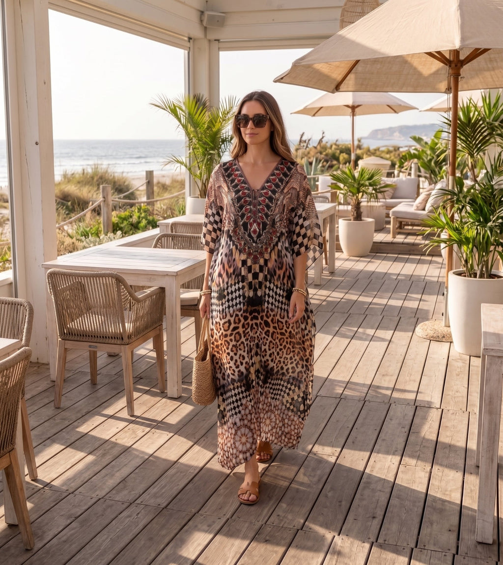 Sakkas Georgettina Flowy Rhinestone V Neck Long Caftan Dress/Cover Up