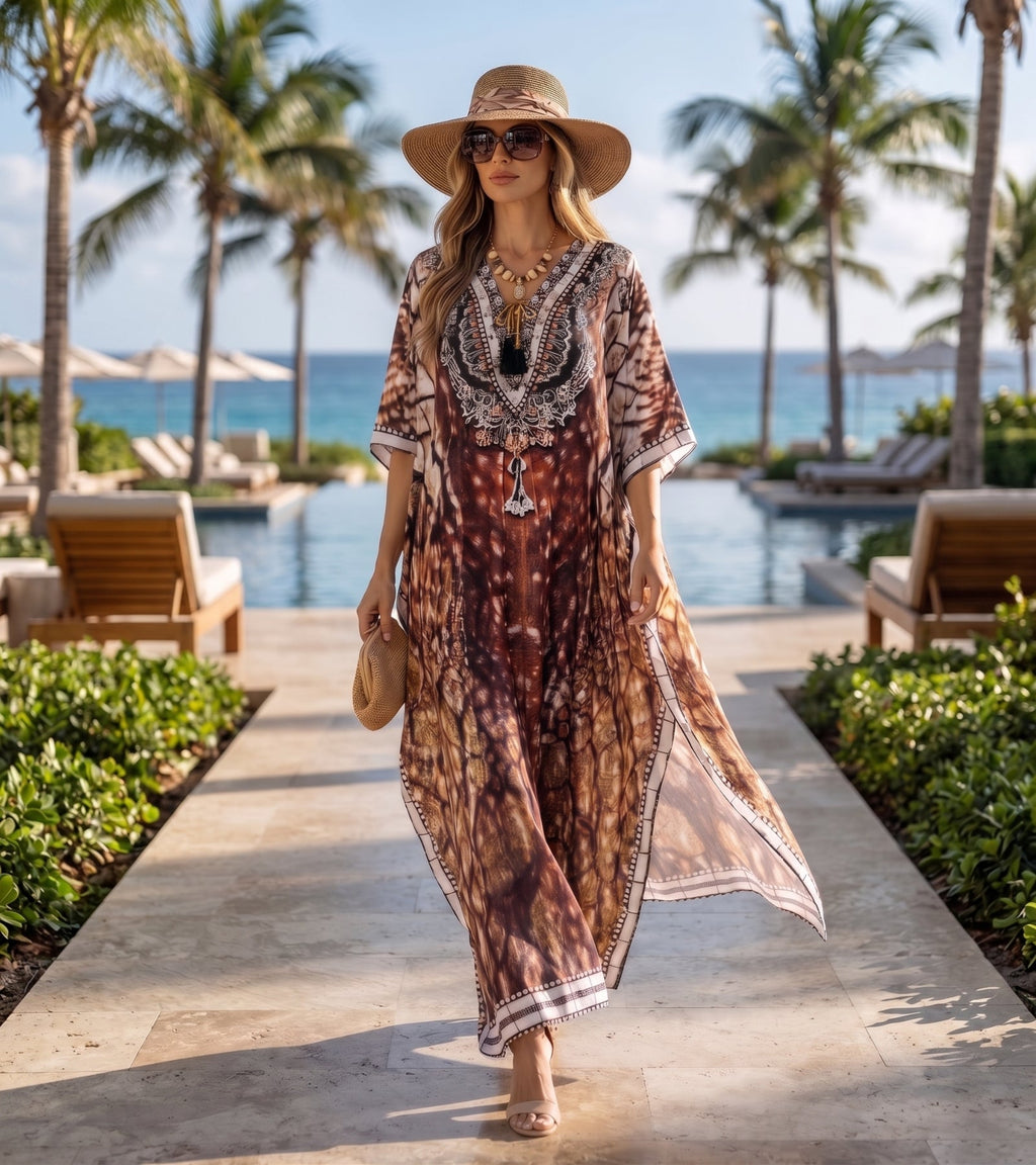 Sakkas Georgettina Flowy Rhinestone V Neck Long Caftan Dress/Cover Up