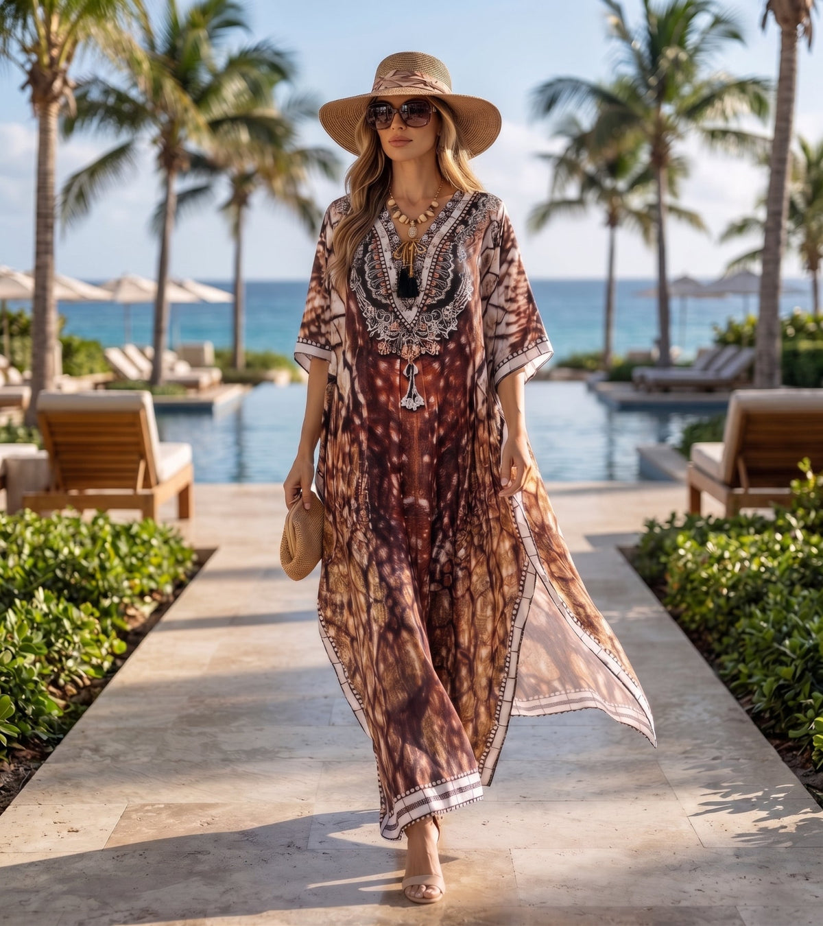 Sakkas Georgettina Flowy Rhinestone V Neck Long Caftan Dress/Cover Up
