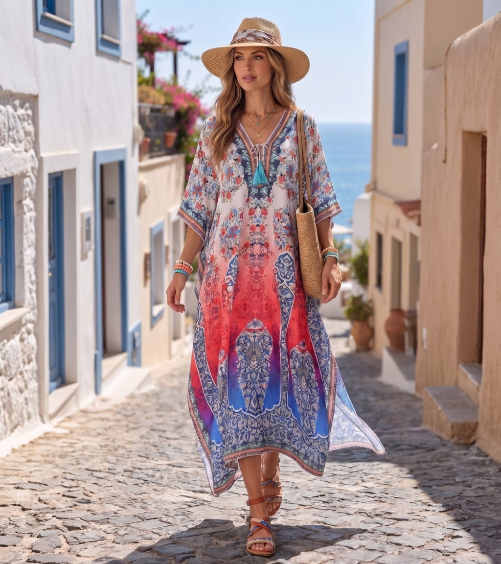 Sakkas Georgettina Flowy Rhinestone V Neck Long Caftan Dress/Cover Up