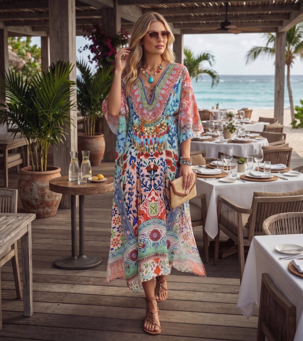 Sakkas Georgettina Flowy Rhinestone V Neck Long Caftan Dress/Cover Up