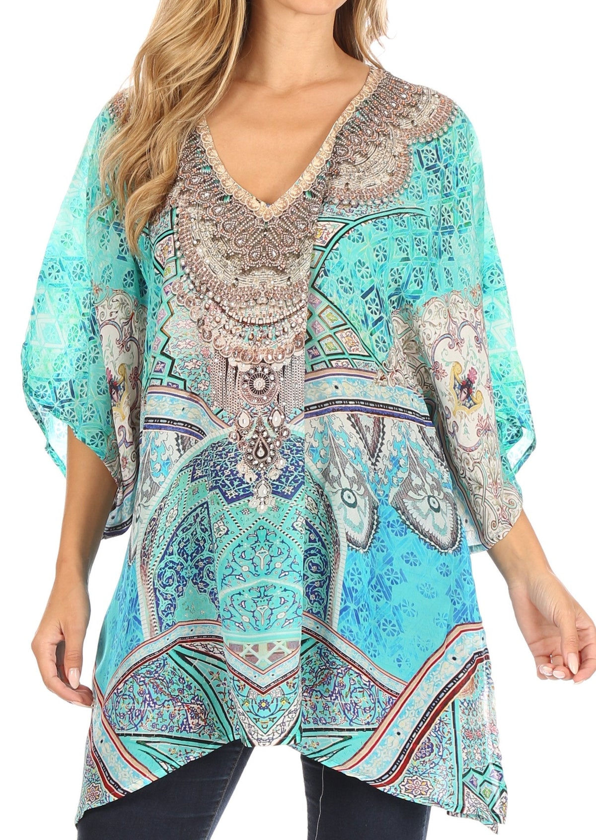 Sakkas Tanya Women's Short Sleeve Floral Print Loose Blouse Tunic V-neck Silky