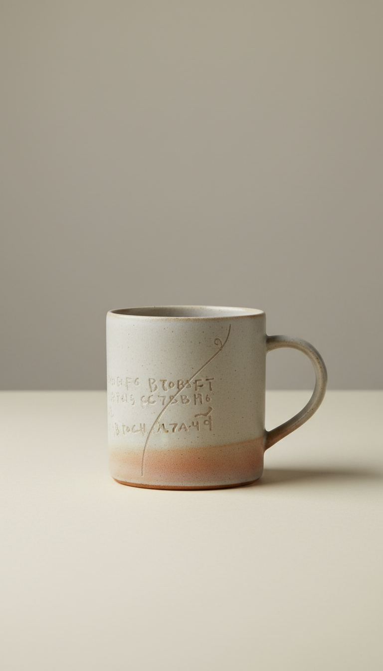 Minimalist ceramic mug with subtle scripture, Default angle: 3/4 view for dimensionality, with products arranged singly or...