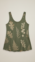 Moss Green Botanical Eco-Print Tank Top, Default: 45-degree angle from just above table height for a flattering view of...