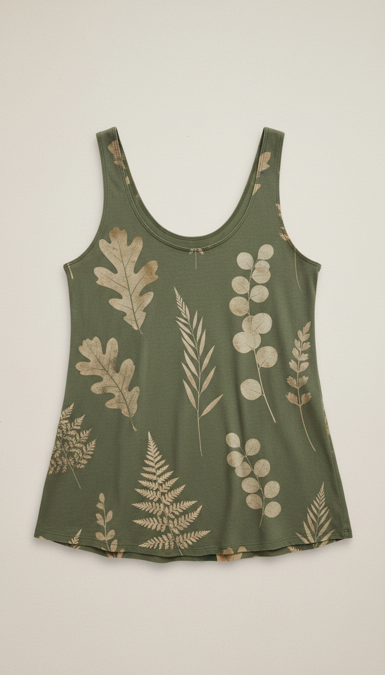Moss Green Botanical Eco-Print Tank Top, Default: 45-degree angle from just above table height for a flattering view of...