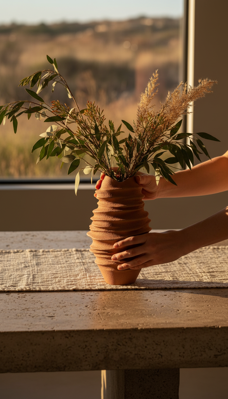 Terracotta Sculptural Vase in use