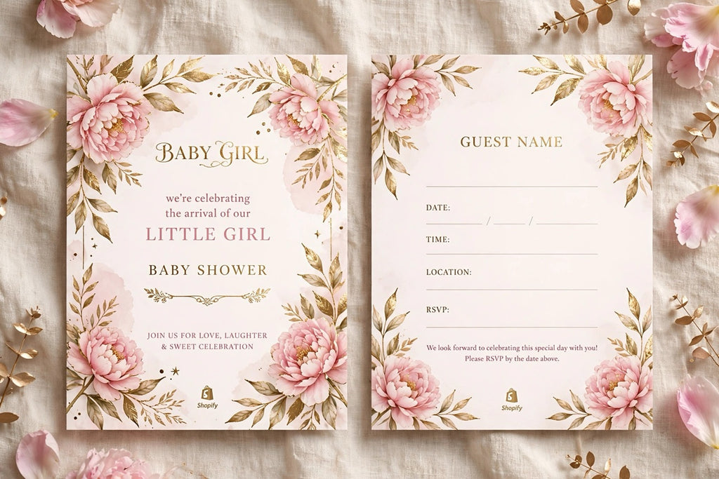 Elegant baby girl shower invitation with pink peonies and gold accents