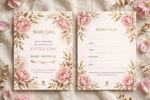 Elegant baby girl shower invitation with pink peonies and gold accents