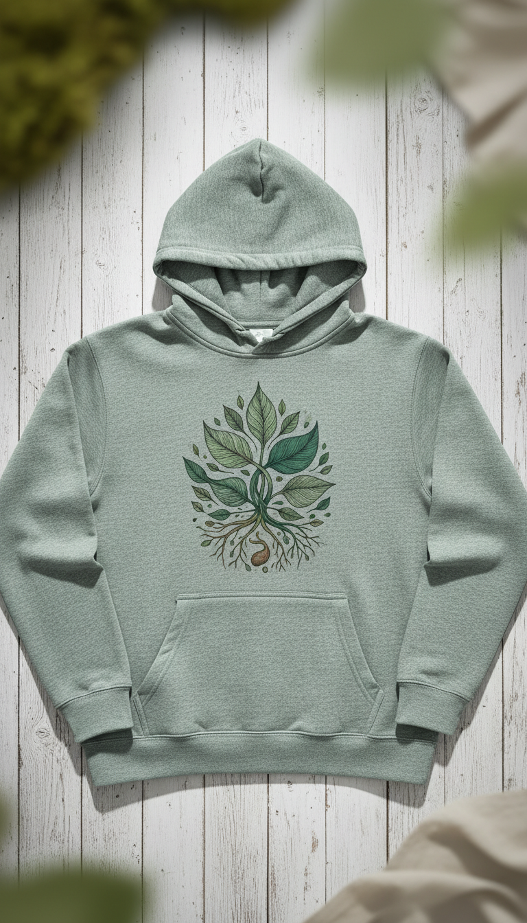 A front-facing shot of a Sustainable Hoodie, perfectly centered on a wooden surface, highlighting the eco-friendly...