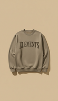 Stone Taupe premium cotton crewneck sweatshirt with serif logo, Hero angle is 3/4 front-facing on hats and apparel laid...