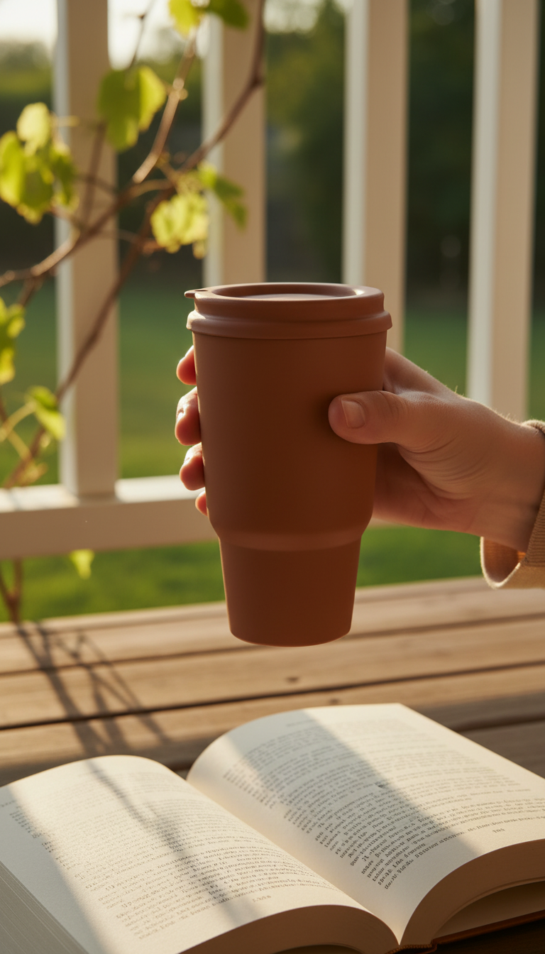 Glazed terracotta travel mug in use