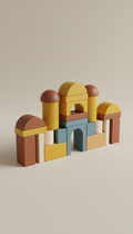 Colorful themed block kit, Use a 3/4 angle to showcase the building blocks' texture and craftsmanship. Arrange the blocks...