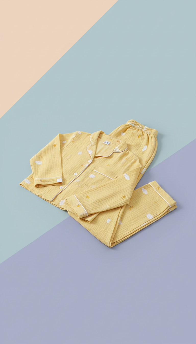 Sunshine Yellow bamboo pajamas, use a 3/4 angle shot to capture the pajamas' design and texture. The background should be...