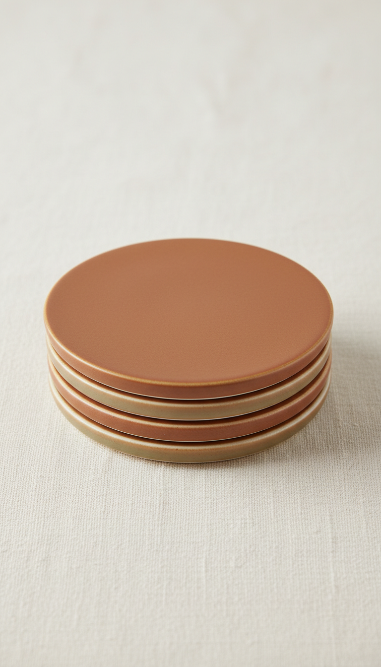 Terracotta brown porcelain coaster set, Default product shots at 45-degree 3/4 angle on a textured neutral backdrop (wood...