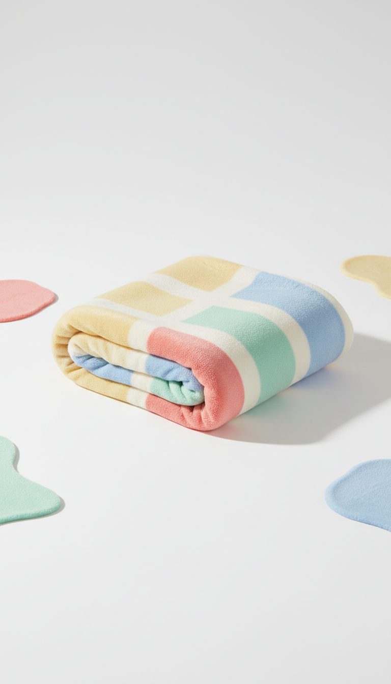 Playful Embrace branded cozy blanket, Hero product shots (care packages/toys/blankets) on seamless Marshmallow background...