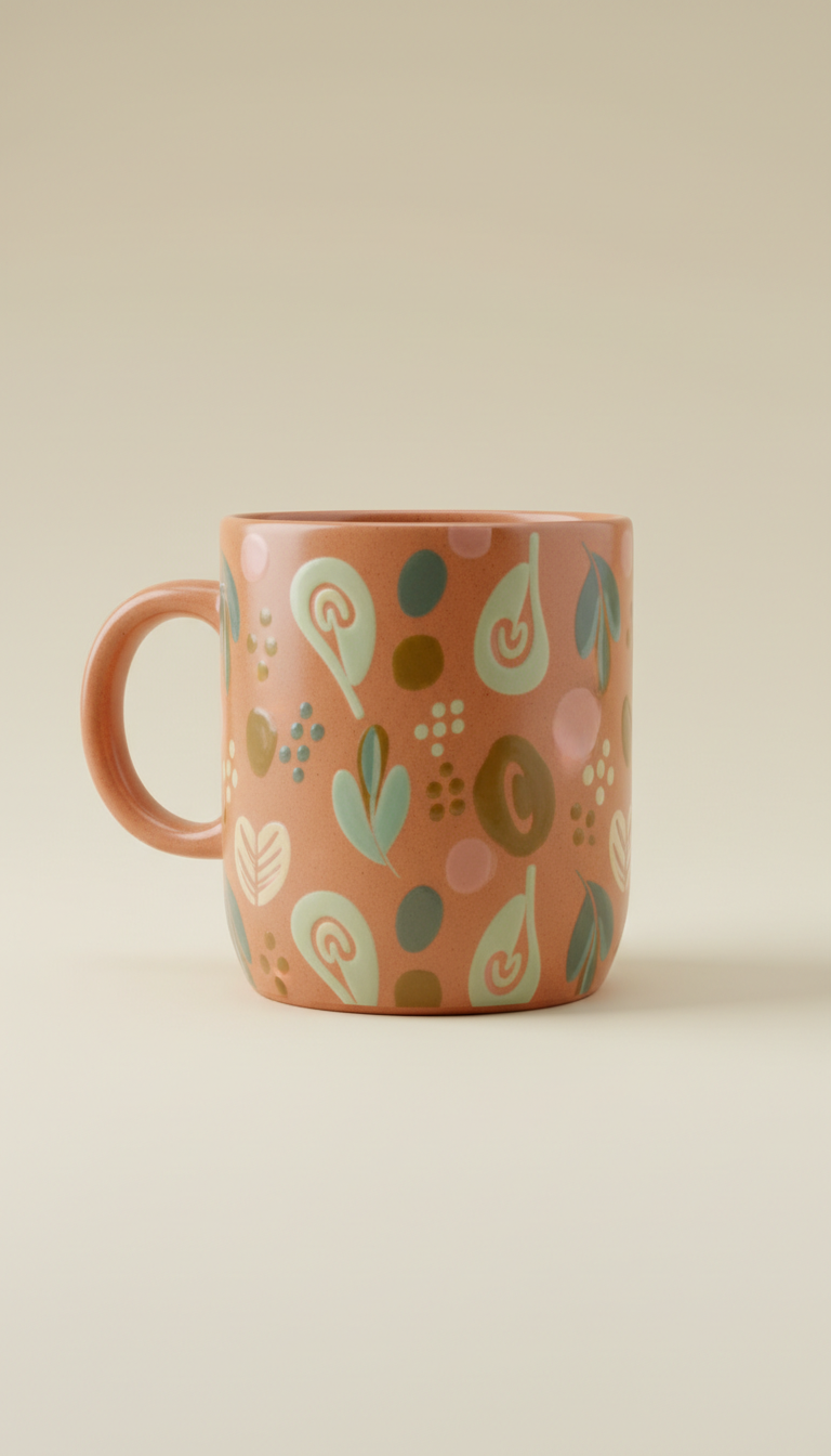 Custom ceramic mug, Three-quarter angle hero shots on gently textured neutral backgrounds (matte Soft Cream), with light...