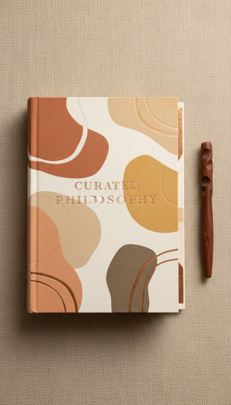 Curated Philosophy Anthology Book, 3/4 angle hero product shots on warm-toned wood or linen backdrops that echo the...