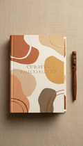 Curated Philosophy Anthology Book, 3/4 angle hero product shots on warm-toned wood or linen backdrops that echo the...