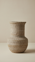 Handcrafted aged linen shelf decor vase, Default angle is a three-quarter frontal view at slight elevation, highlighting...