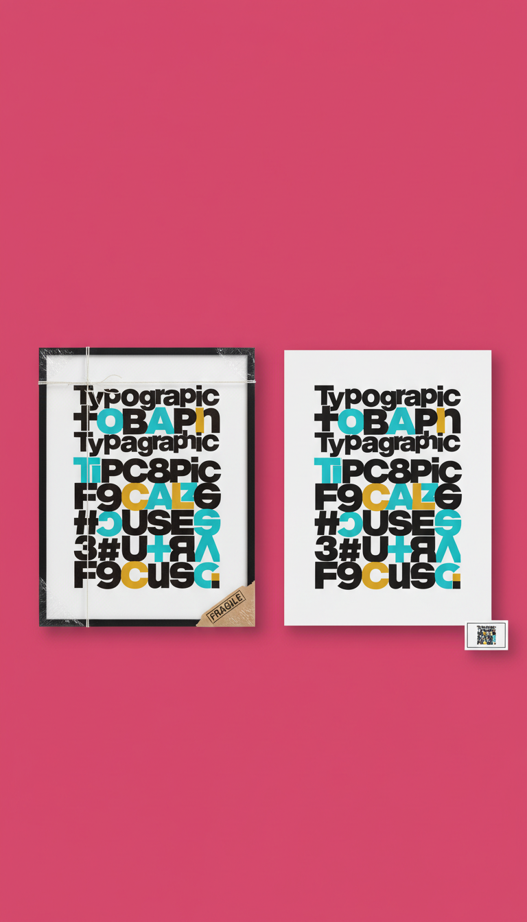 'Typographic Pulse' bold typography art print, framed with packaging elements., Hero angle is straight-on or slight 3/4 to...